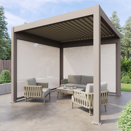 3 x 3m Heavy Duty Aluminium Pergola with Louvred Shutter Roof and Two Textilene Side Panels - Beige