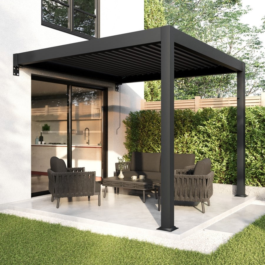 3x3 Wall Mounted Pergola with Louvered Shutter Roof in Charcoal Black