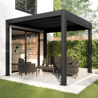 3 x 3m LED Light Heavy Duty Charcoal Aluminium Pergola with Louvred Shutter Roof Two Textilene Side Panels