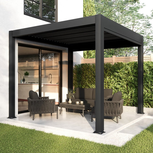 3 x 3m LED Light Heavy Duty Charcoal Aluminium Pergola with Louvred Shutter Roof Two Textilene Side Panels