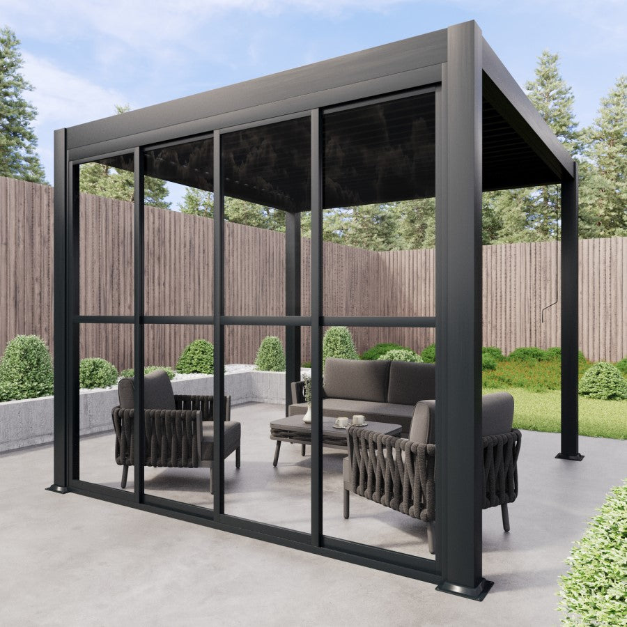 Aluminium Glazed Sliding Pergola Doors System in Charcoal