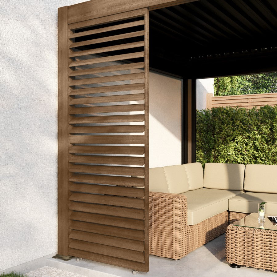 Heavy Duty Aluminium Single Slatted Adjustable Pergola Screen in Wood Effect