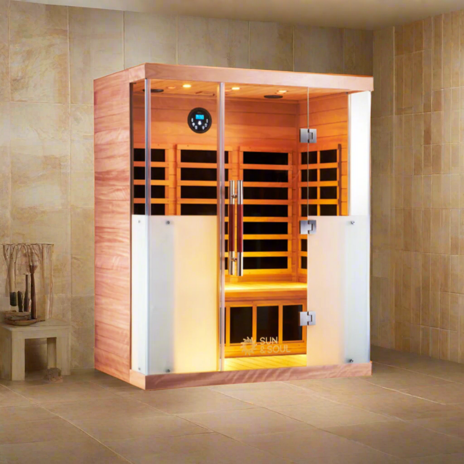 Infrared sauna with wooden interior and glass door on a white background
