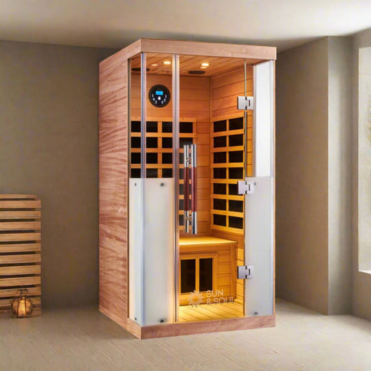 Wooden sauna with glass door on a white background