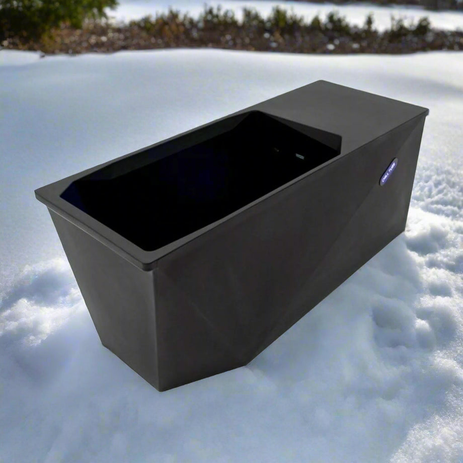 A black rectangular ice bath tub designed for cold water therapy with a built-in chiller and filter.