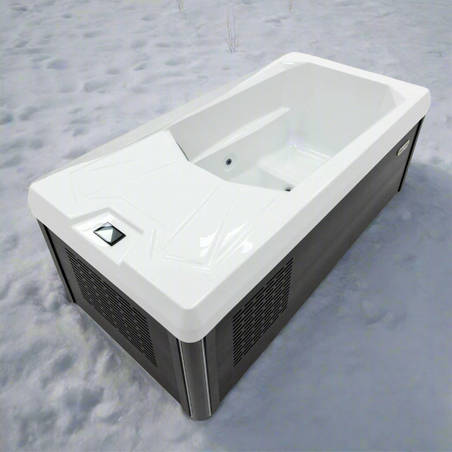 A white ice bath tub with a black base and touchscreen controls, designed for cold water therapy.