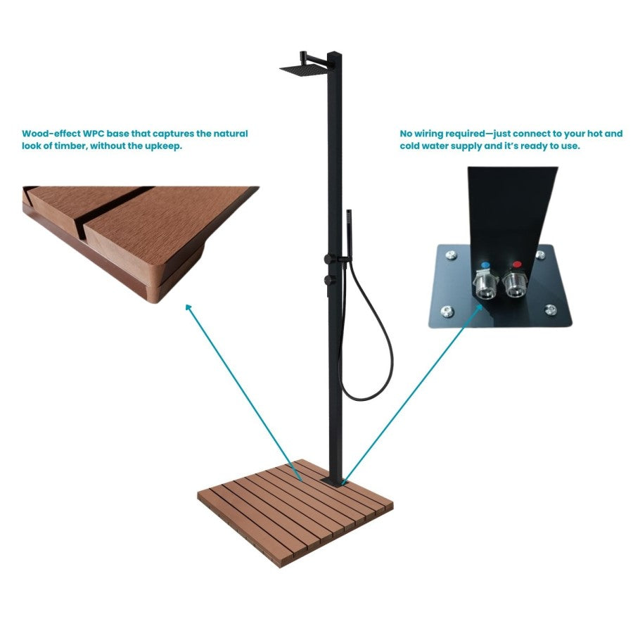 Black Thermostatic Mixer Outdoor 2 Outlets Shower Set with Wood Effect Base - Zen