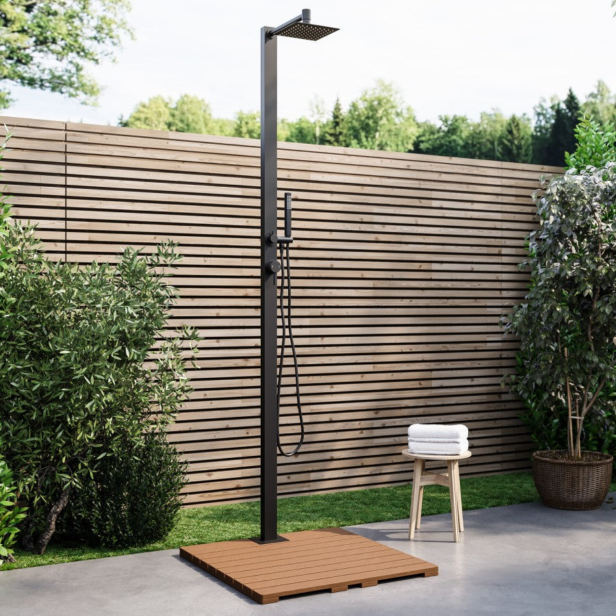 Black Thermostatic Mixer Outdoor 2 Outlets Shower Set with Wood Effect Base - Zen
