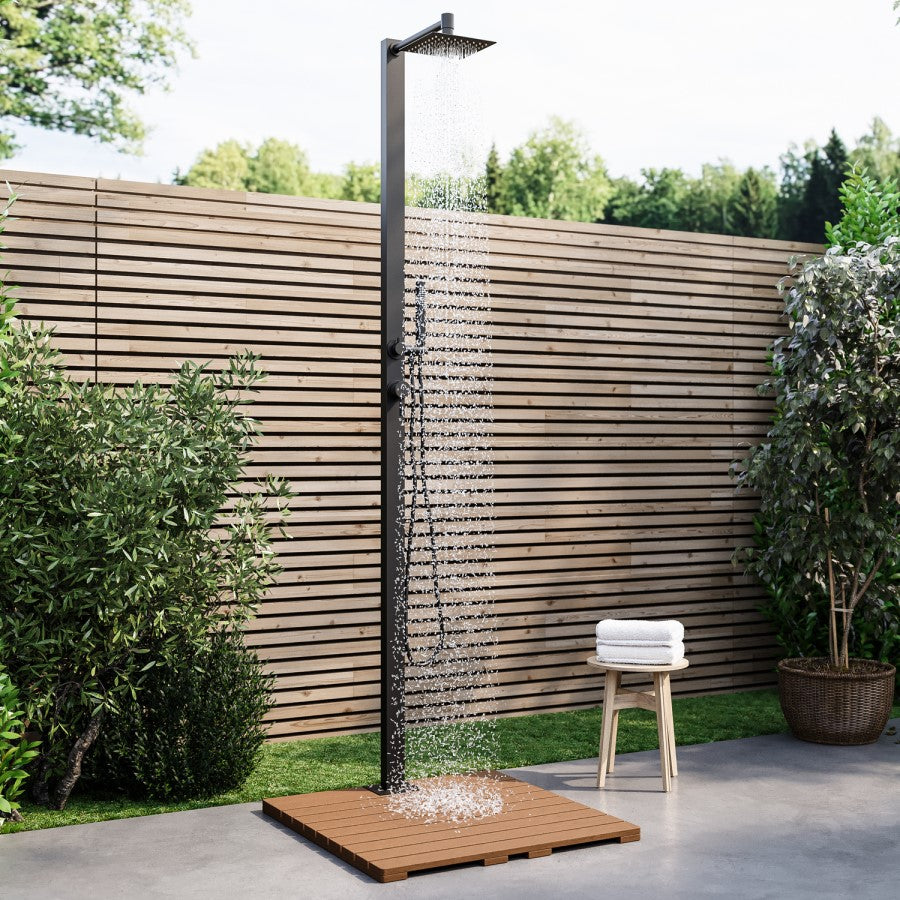 Black Thermostatic Mixer Outdoor 2 Outlets Shower Set with Wood Effect Base - Zen