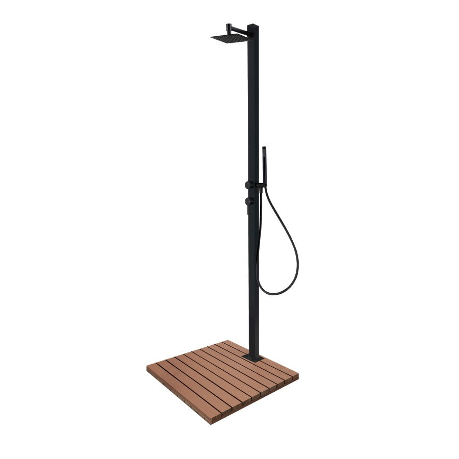 Black Thermostatic Mixer Outdoor 2 Outlets Shower Set with Wood Effect Base - Zen