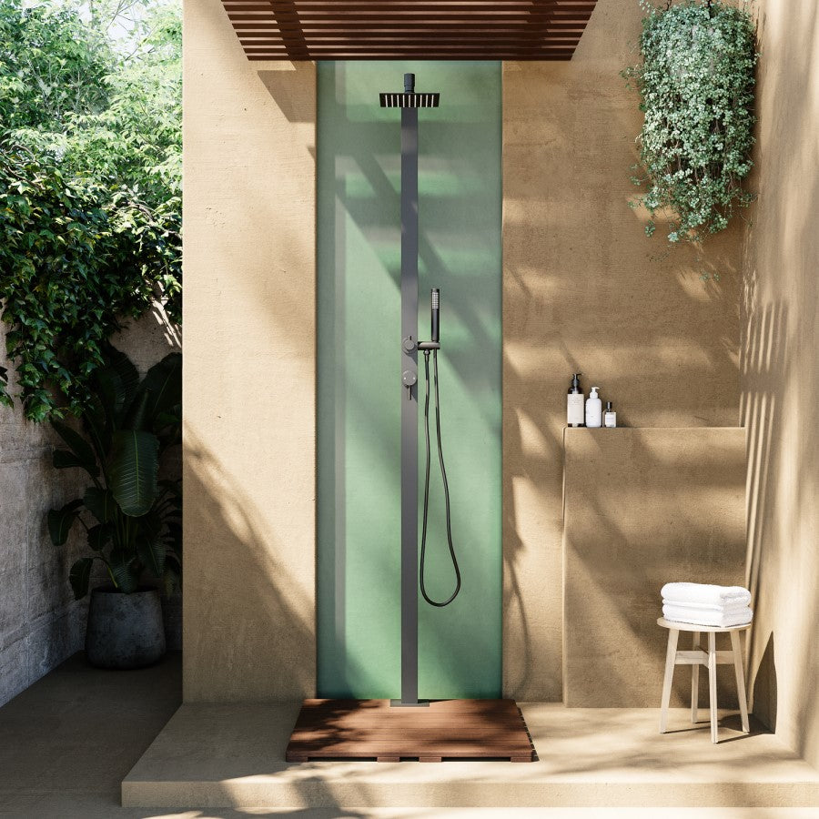 Black Thermostatic Mixer Outdoor 2 Outlets Shower Set with Wood Effect Base - Zen