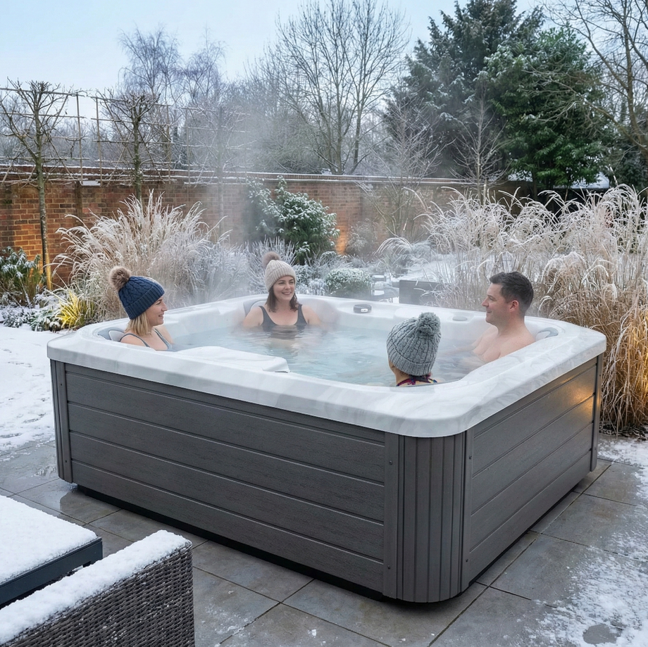 People enjoying a hot tub in a snowy garden setting