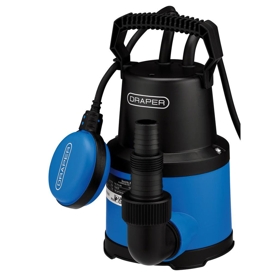 Draper 130L/min submersible clean water pump in blue and black with float switch and hose outlet