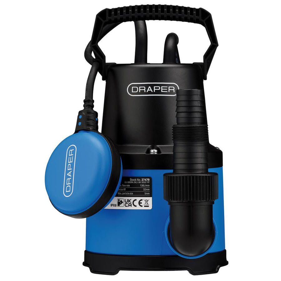 Front view of the Draper submersible pump showing the float switch and vertical hose outlet