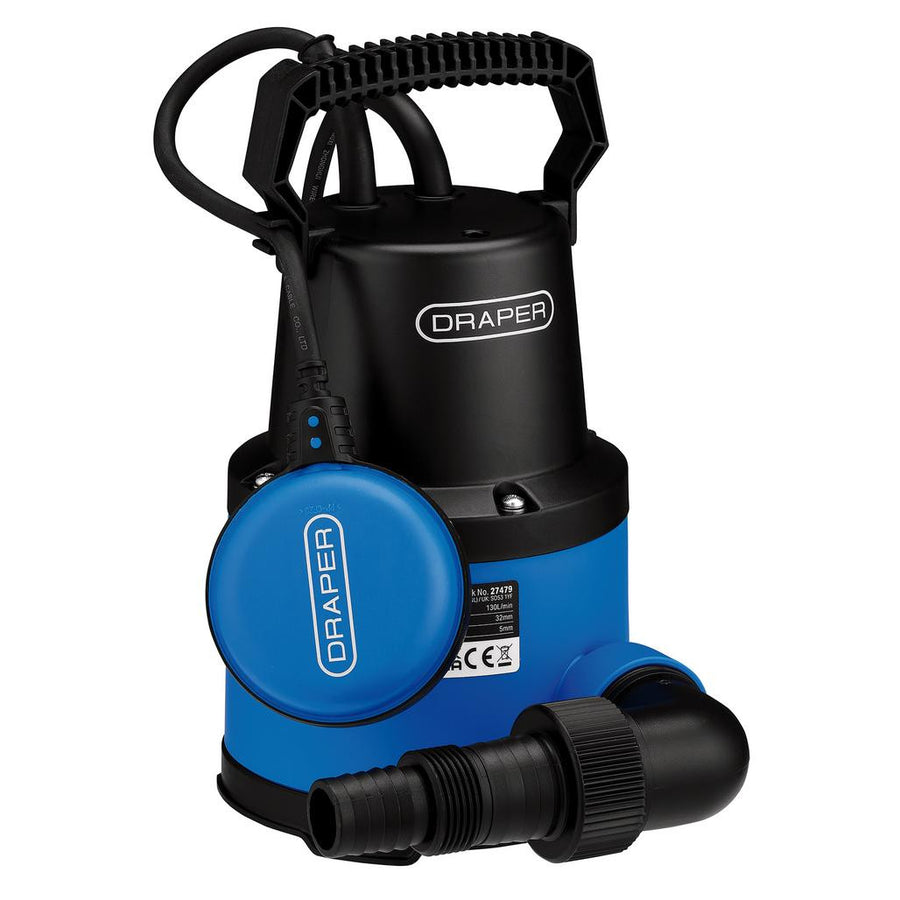 Draper submersible pump with the outlet elbow and hose adaptor laid beside it