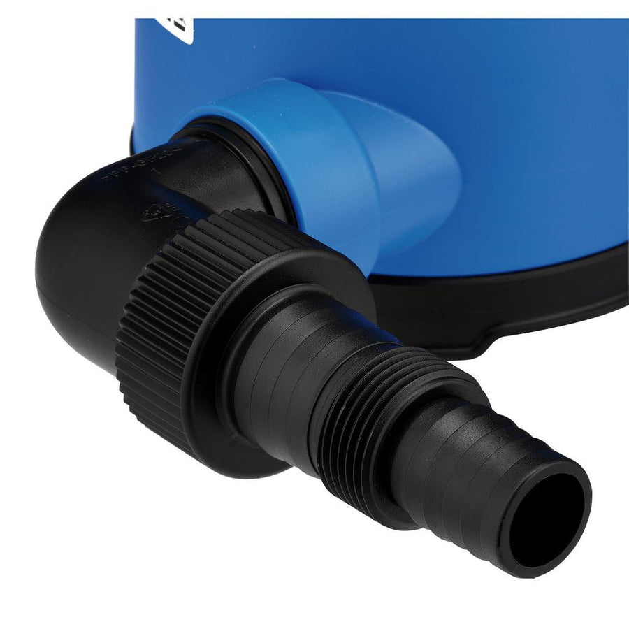 Close-up of the Draper pump outlet elbow and stepped hose adaptor for 25mm and 32mm hose