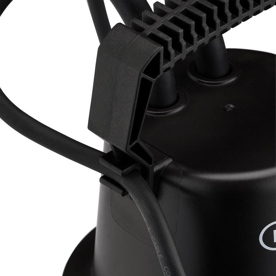 Close-up of the Draper pump carry handle with the float switch cable clipped in place
