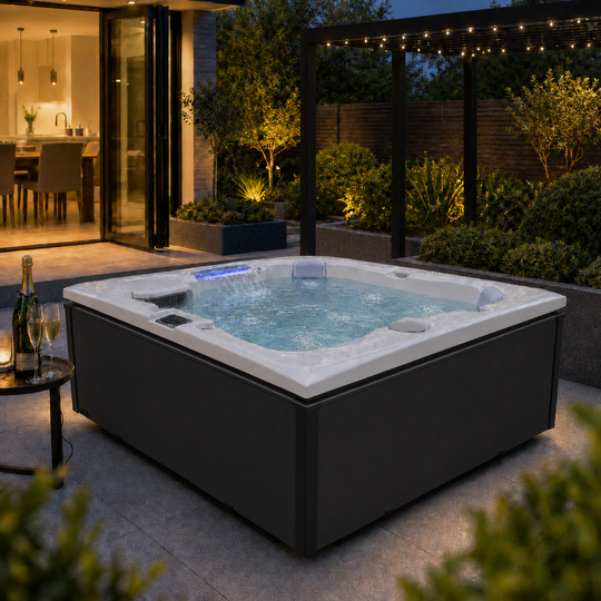 Edge Kensington Hot Tub in Dark Grey - cabinet-clear revised lifestyle hero - July 2026