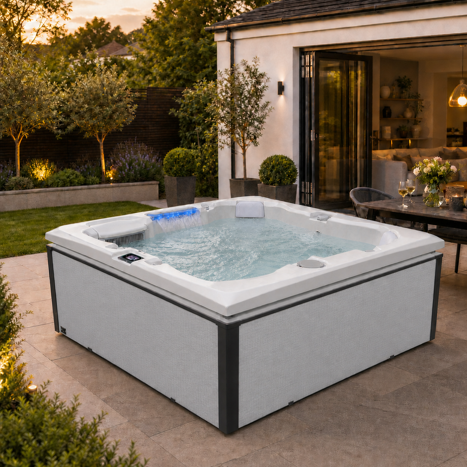 Edge Kensington Hot Tub in Light Grey - cabinet-clear revised lifestyle hero - July 2026