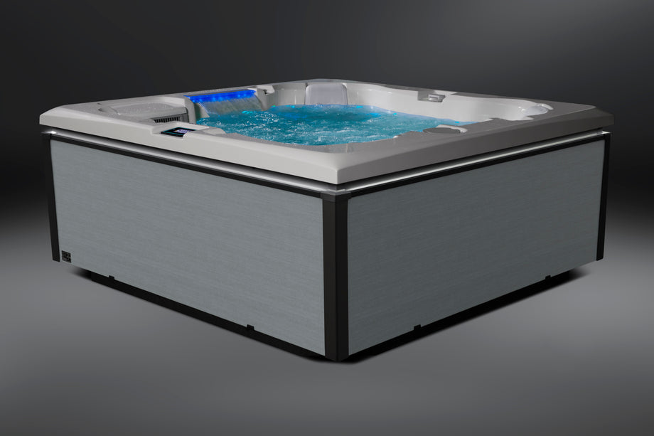 Edge Kensington Hot Tub in Light Grey — illuminated exterior
