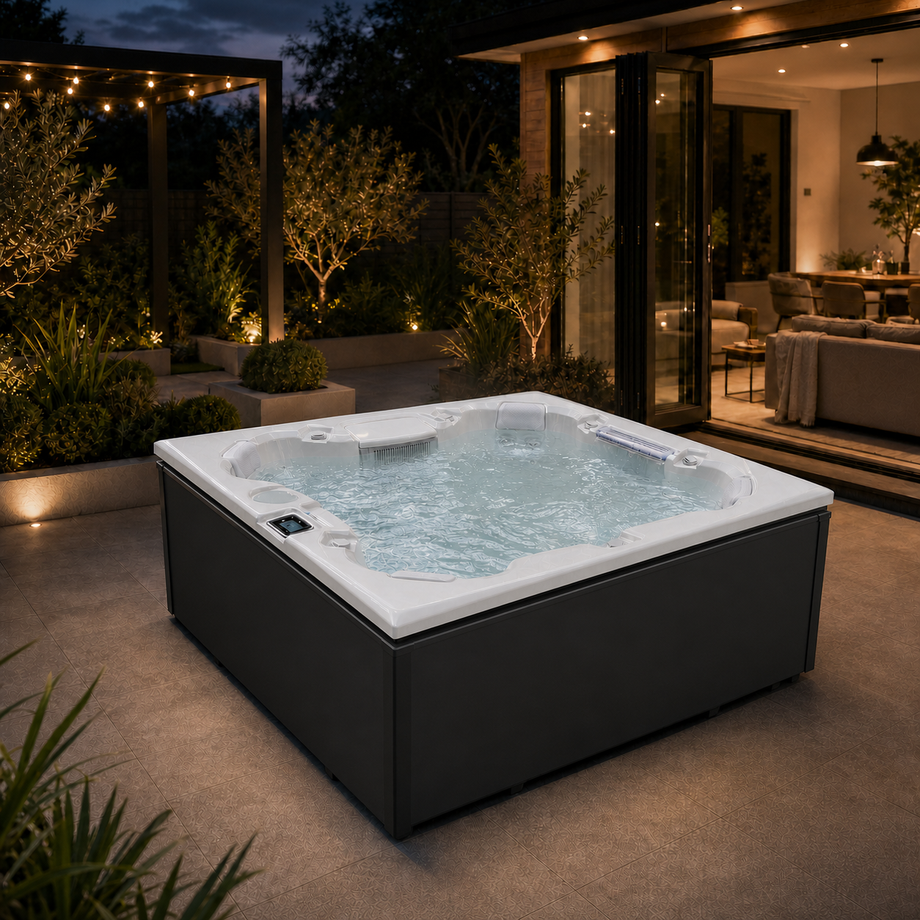 Edge Knightsbridge Hot Tub in Dark Grey - cabinet-clear revised lifestyle hero - July 2026