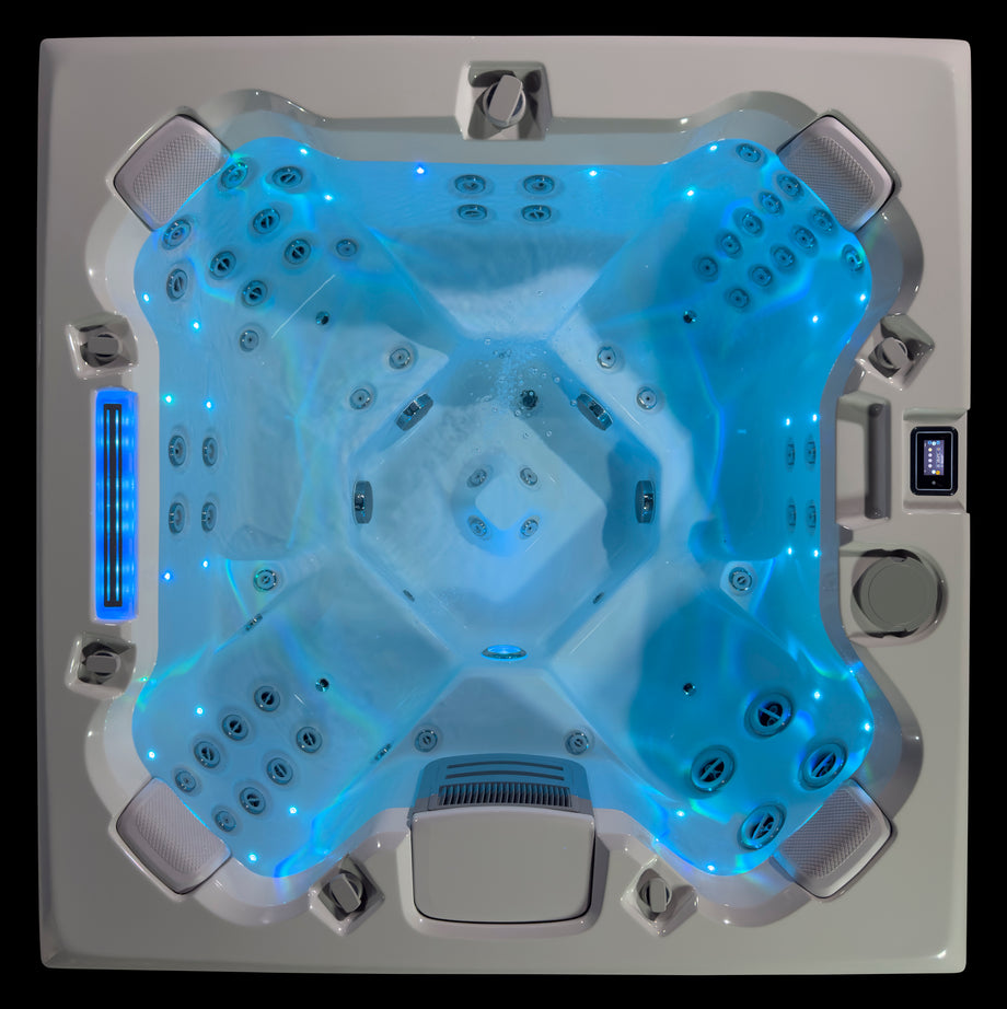 Edge Knightsbridge Hot Tub in Dark Grey — illuminated overhead all-seater view