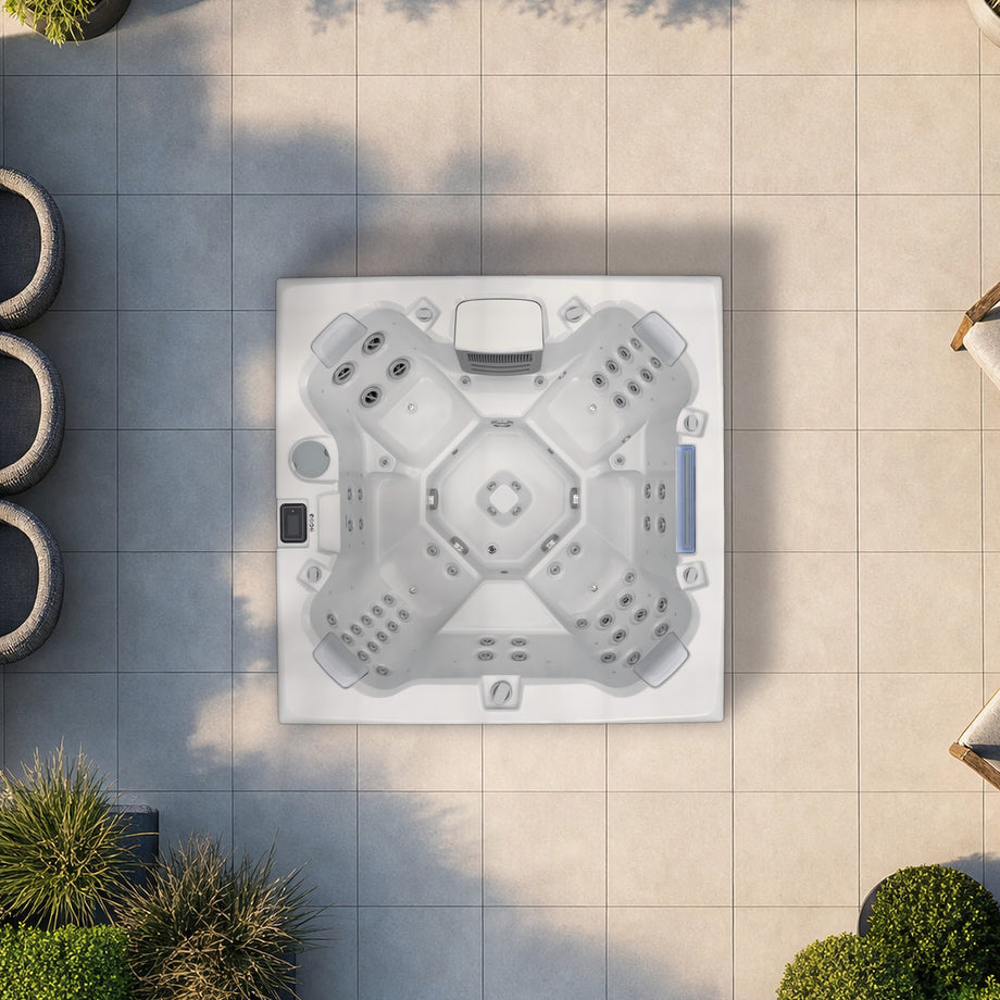 The Edge Knightsbridge hot tub in Dark Grey seen from above in a London garden, to scale