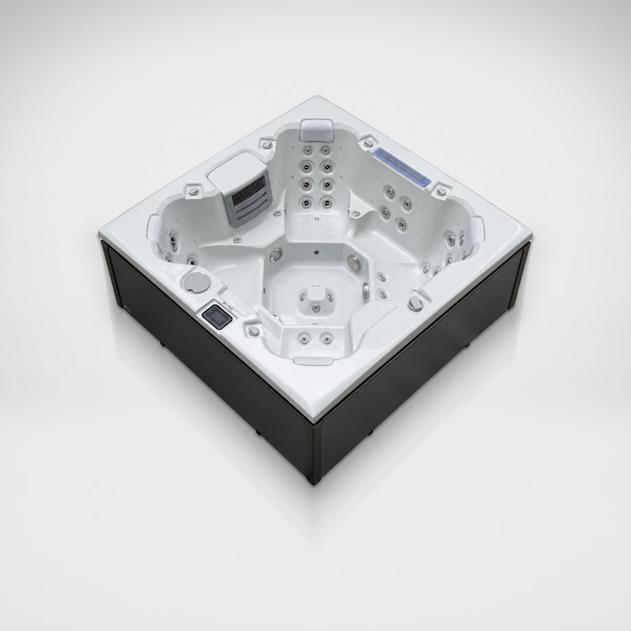 Edge Knightsbridge hot tub in dark grey from above, showing all seats