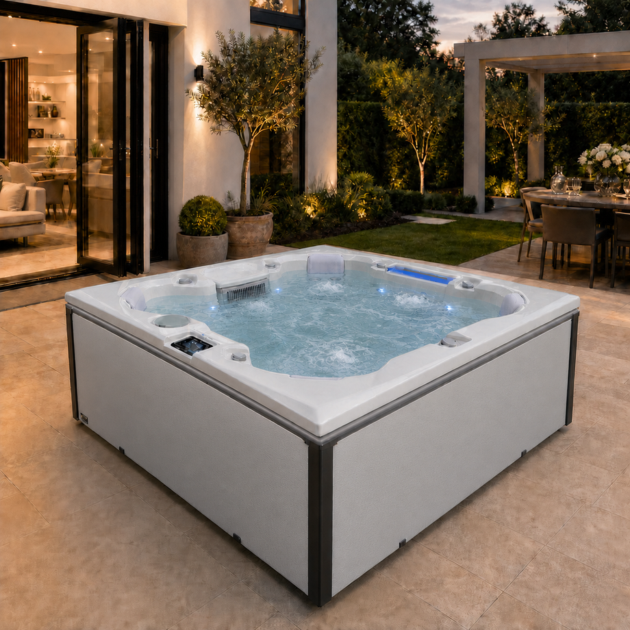 Edge Knightsbridge Hot Tub in Light Grey - cabinet-clear revised lifestyle hero - July 2026