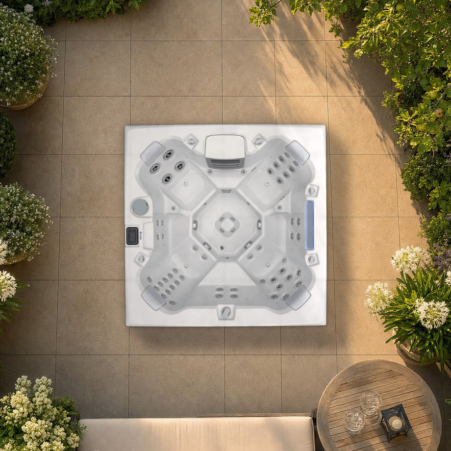 The Edge Knightsbridge hot tub in Light Grey seen from above in a London garden, to scale