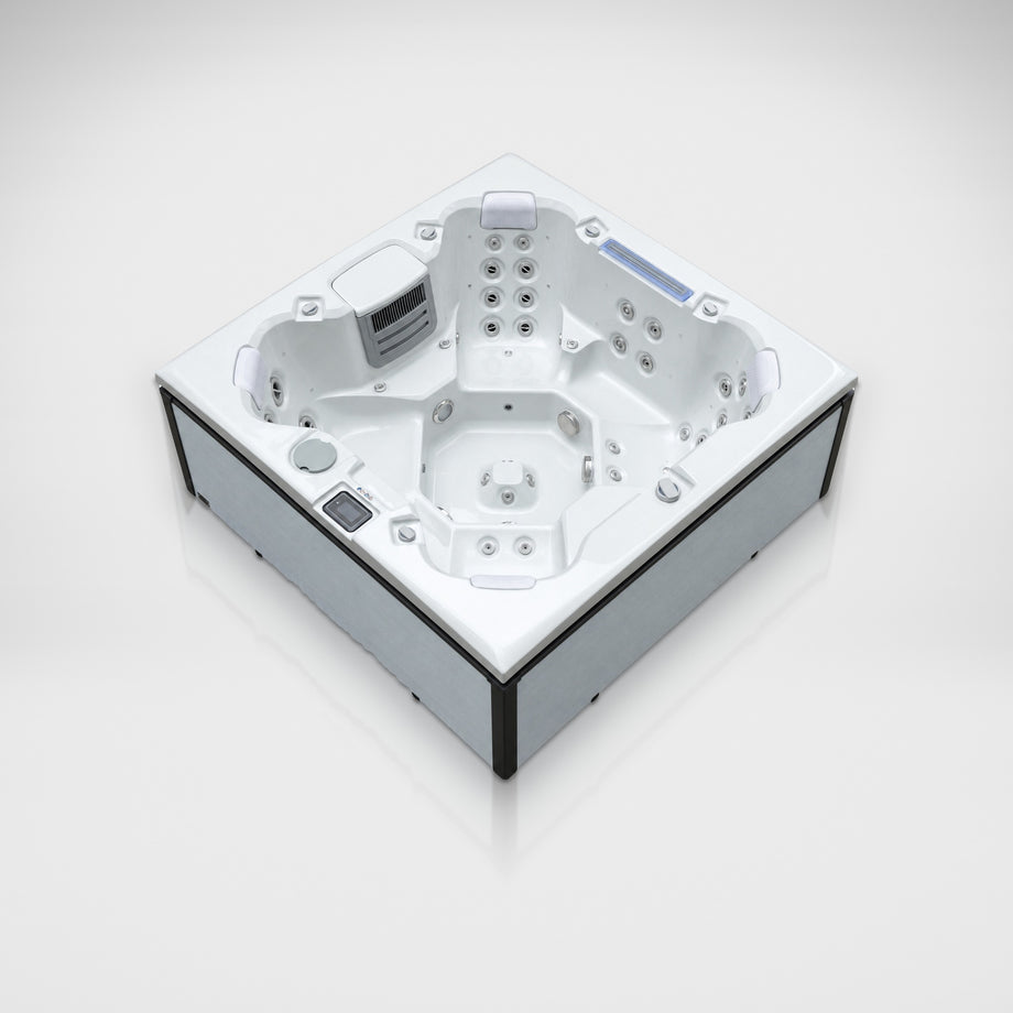 Edge Knightsbridge hot tub in light grey from above, showing all seats