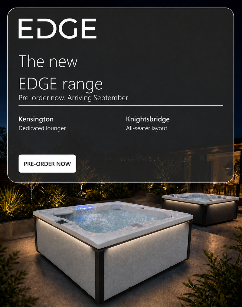 Promotional graphic for the EDGE outdoor hot tub range, showing two modern square hot tubs at night on a patio with one in the foreground and one in the background. A large semi-transparent text box at the top reads 'EDGE The new EDGE range Pre-order now.