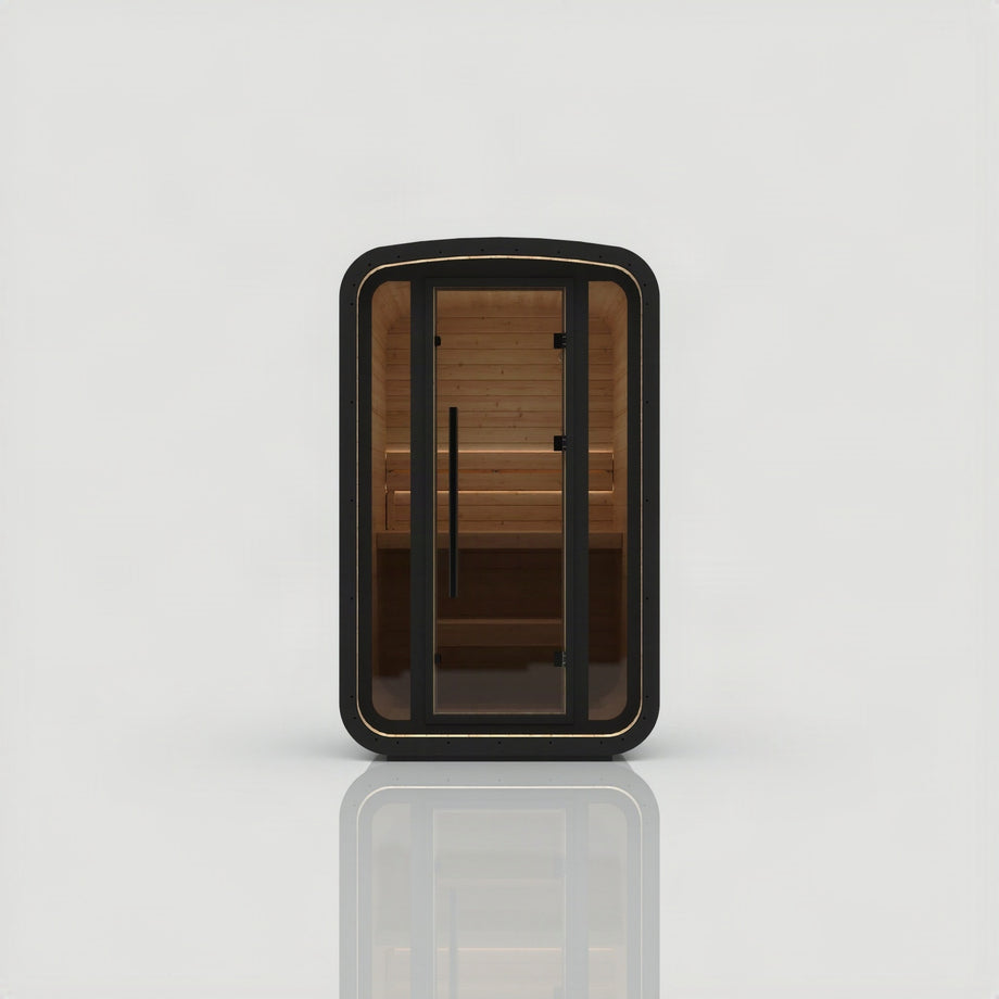 Hekla Mini Cube in black Nero finish, front view through the glass door to the bench