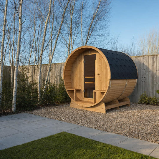 Illustrative lifestyle view of the Hekla Barrel 210 outdoor sauna in a UK garden