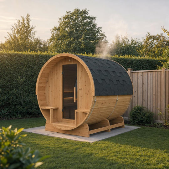 Illustrative lifestyle view of the Hekla Barrel 250 outdoor sauna in a UK garden