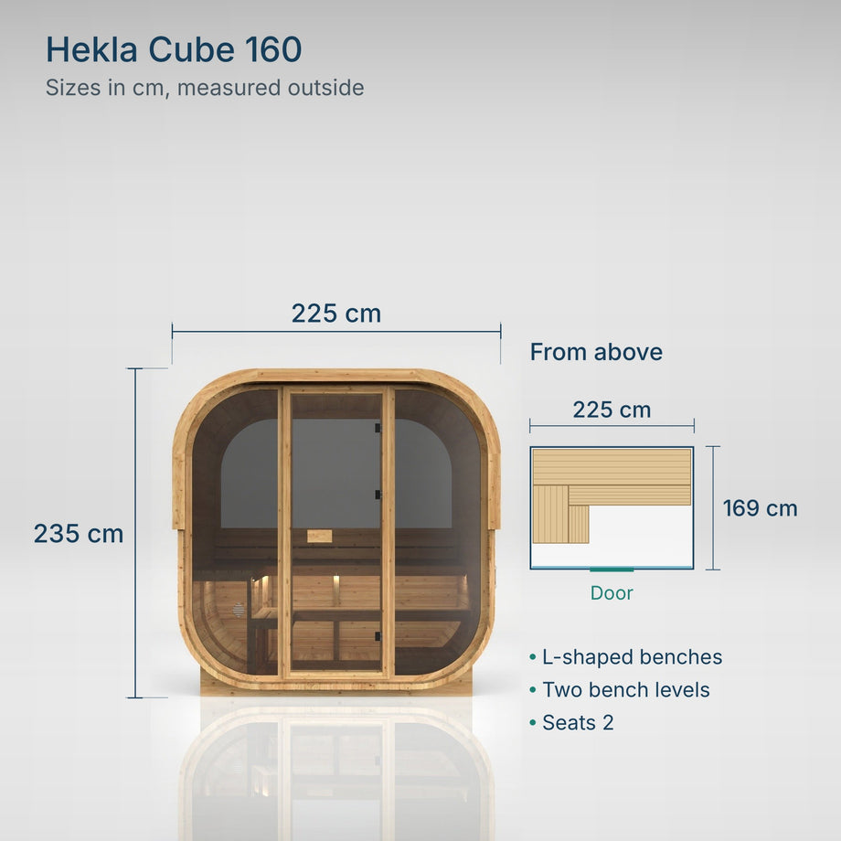 Hekla Cube 160 sizes: 225 cm wide, 169 cm deep, 235 cm tall, with L-shaped benches on two levels