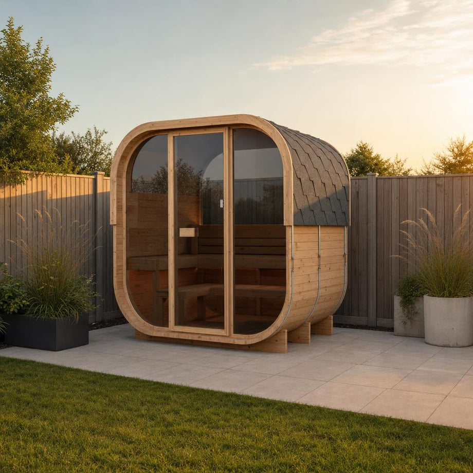 Illustrative lifestyle view of the Hekla Cube 160 outdoor sauna in a UK garden
