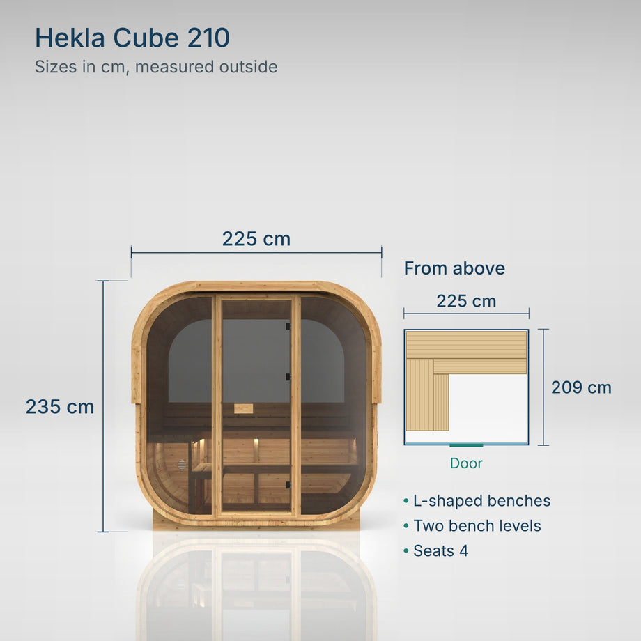 Hekla Cube 210 sizes: 225 cm wide, 209 cm deep, 235 cm tall, with L-shaped benches on two levels