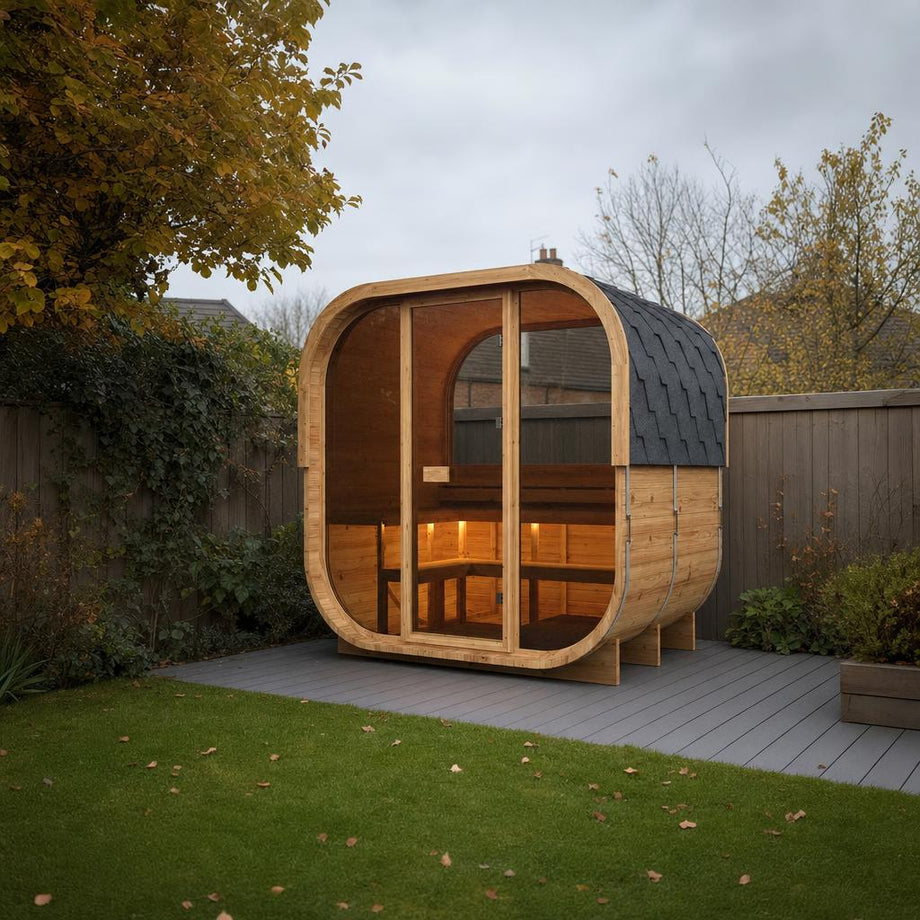 Illustrative lifestyle view of the Hekla Cube 210 outdoor sauna in a UK garden