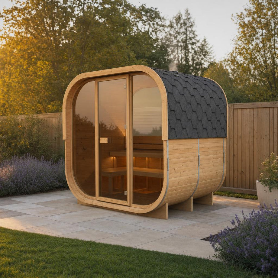 Illustrative lifestyle view of the Hekla Cube 250 outdoor sauna in a UK garden