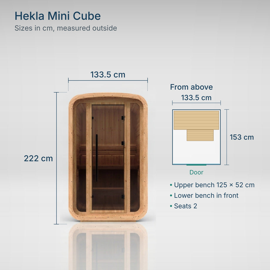 Hekla Mini Cube sizes: 133.5 cm wide, 153 cm deep, 222 cm tall, with an upper and a lower bench