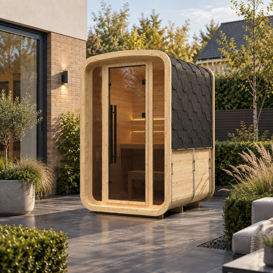 Illustrative lifestyle view of the Hekla Mini Cube outdoor sauna in natural timber, styled in a modern UK garden