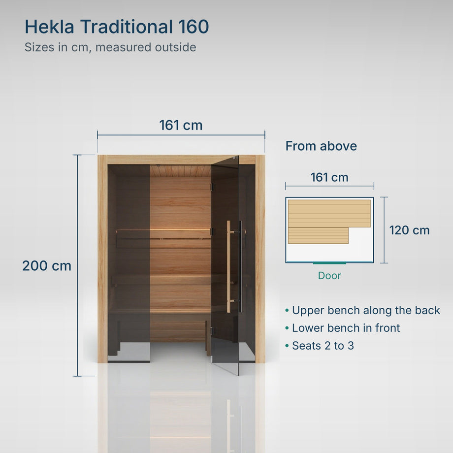 Hekla Traditional 160 sizes: 161 cm wide, 120 cm deep, 200 cm tall, with an upper and a lower bench
