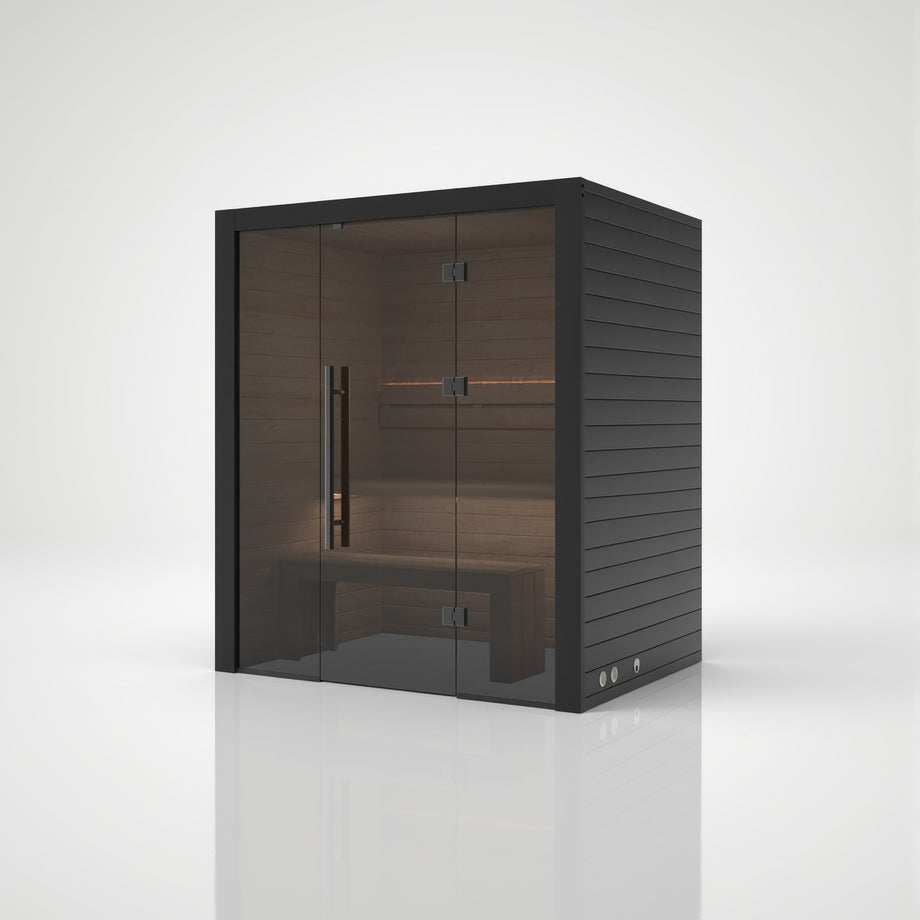 Hekla Traditional 160 indoor sauna in Nero black finish, angled front view with glass door closed