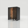 Load image into Gallery viewer, Hekla Traditional 160 sauna in Nero finish with the glass door part open, showing the timber benches
