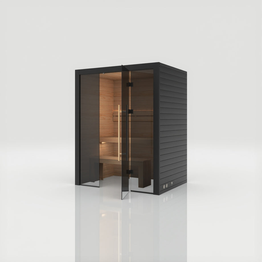Hekla Traditional 160 sauna in Nero finish with the glass door part open, showing the timber benches