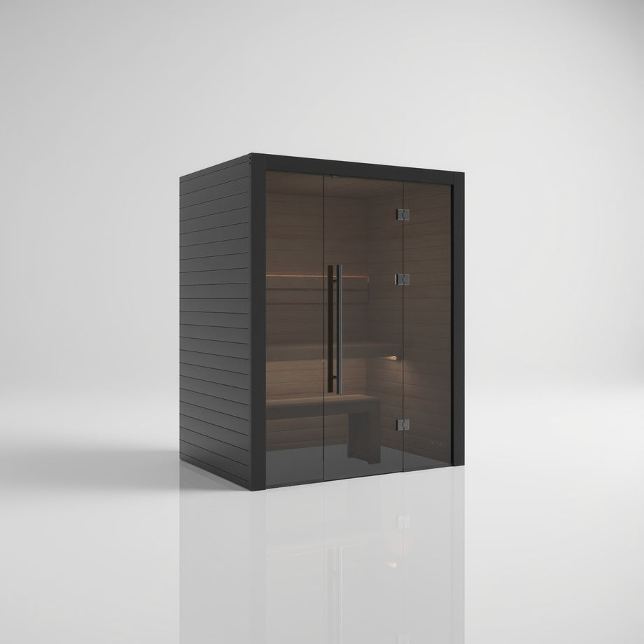 Hekla Traditional 160 sauna in Nero finish, side angle view with door closed