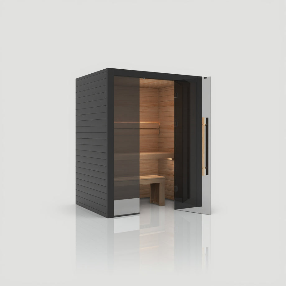 Hekla Traditional 160 sauna in Nero finish with the door fully open and LED lit benches inside