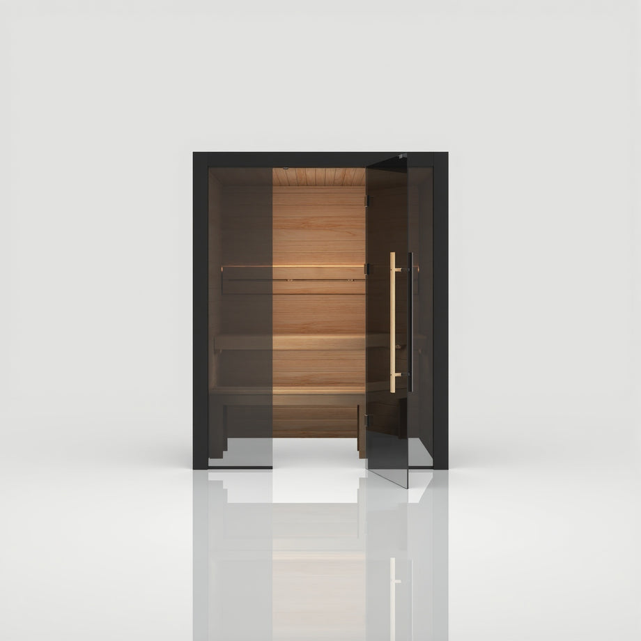 Hekla Traditional 160 sauna in Nero finish, straight-on front view with door open