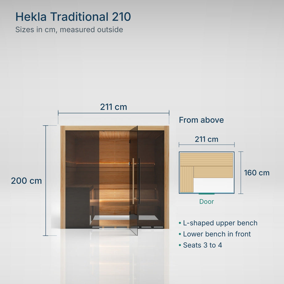 Hekla Traditional 210 sizes: 211 cm wide, 160 cm deep, 200 cm tall, with an L-shaped upper bench and a lower bench